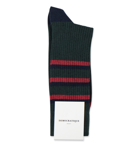 Democratique Socks Originals Fine Rib Stripes Organic Cotton Forrest Green / Navy / Light Rosso